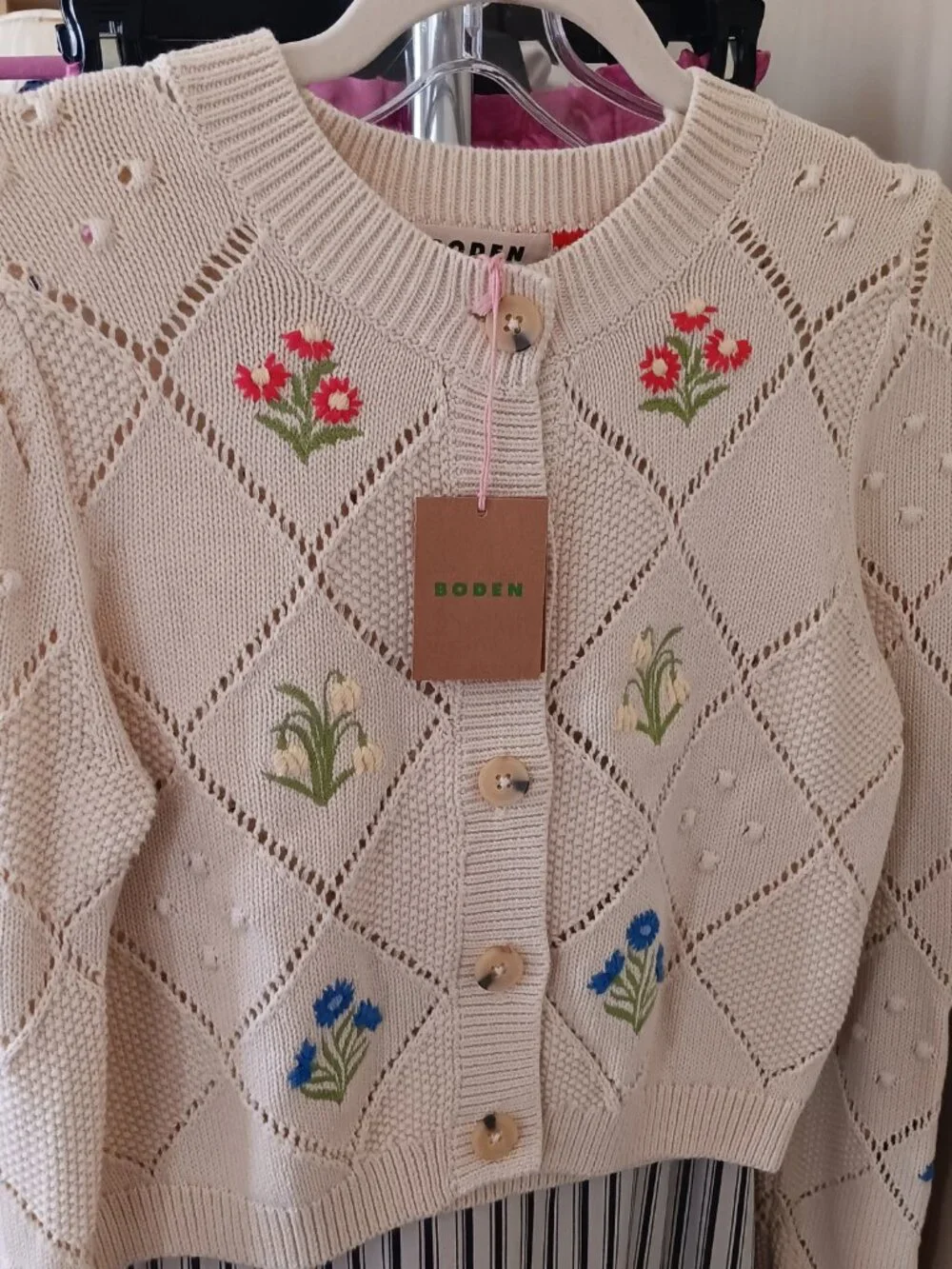 NWT Boden Cream Cotton with Embroidered Flower Cardigan Sweater - Picture 2 of 7
